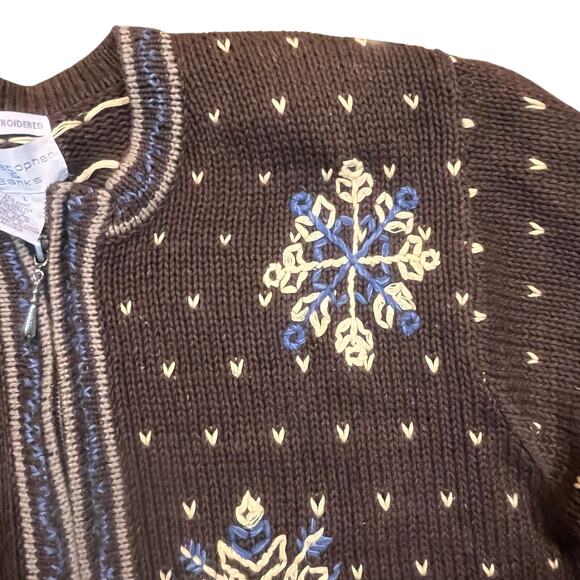 Christopher & Banks Women Large Brown Zip-Up Snowflake Cardigan Embriodered - Picture 1 of 10